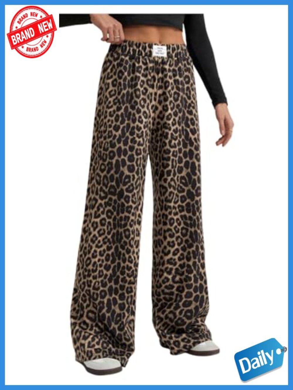 Women's Leopard Print Baggy Tall Pants Wide Leg Palazzo Elastic Waist Casual